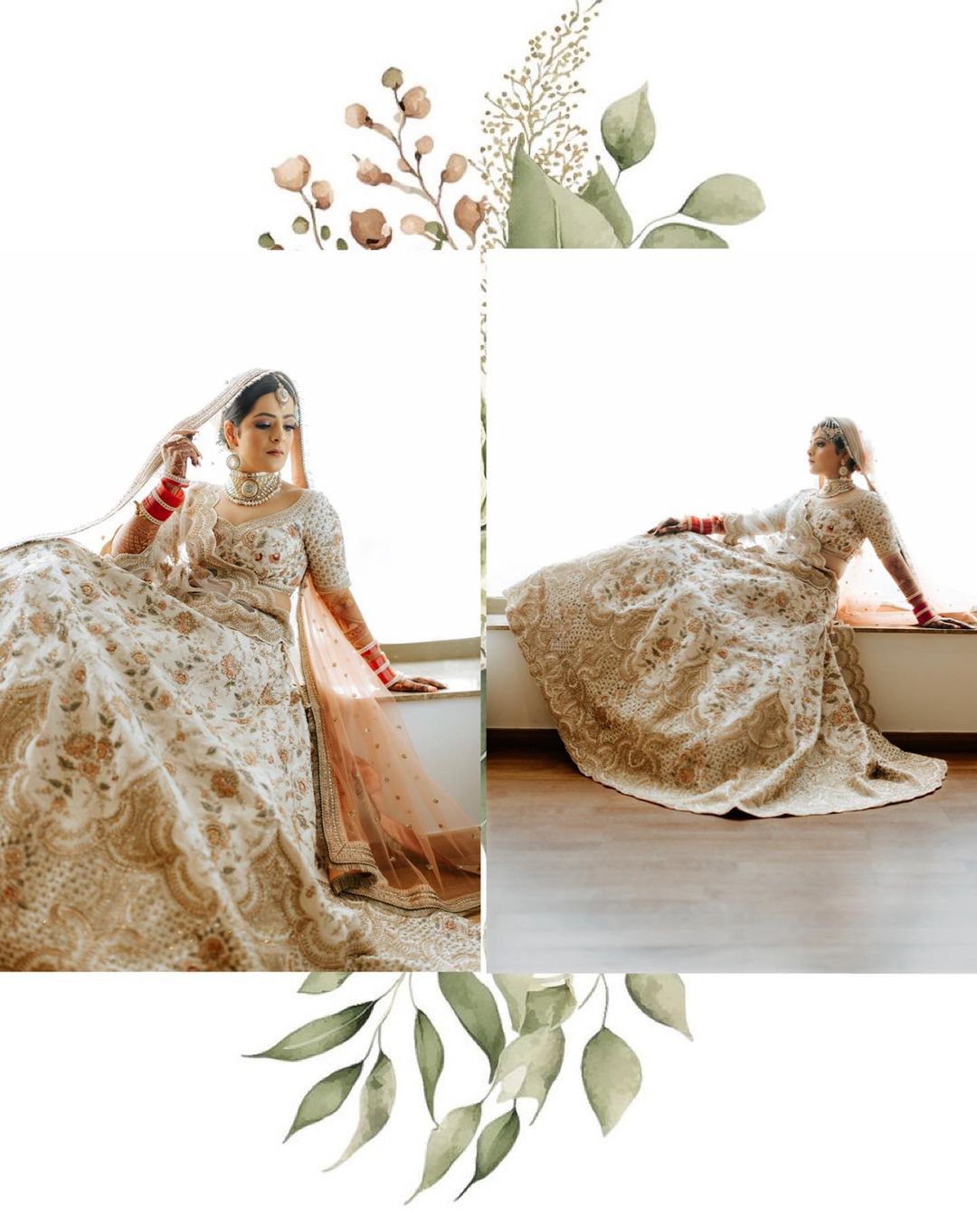 Bride in ivory and gold floral lehenga