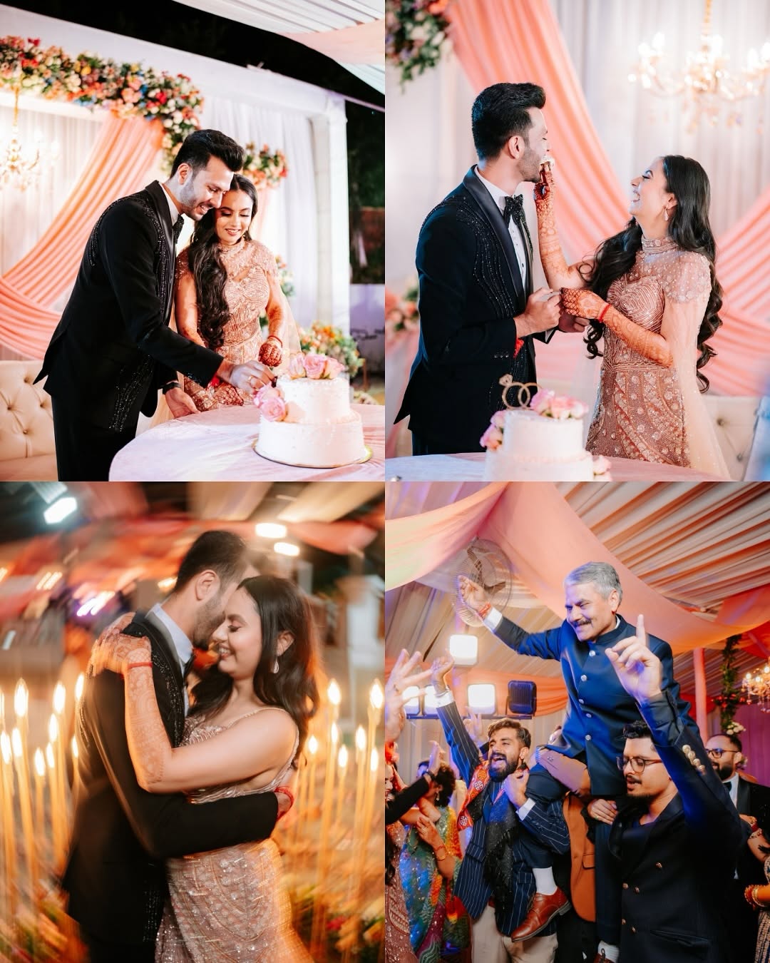 Reception film-style collage — cake cutting and first dance